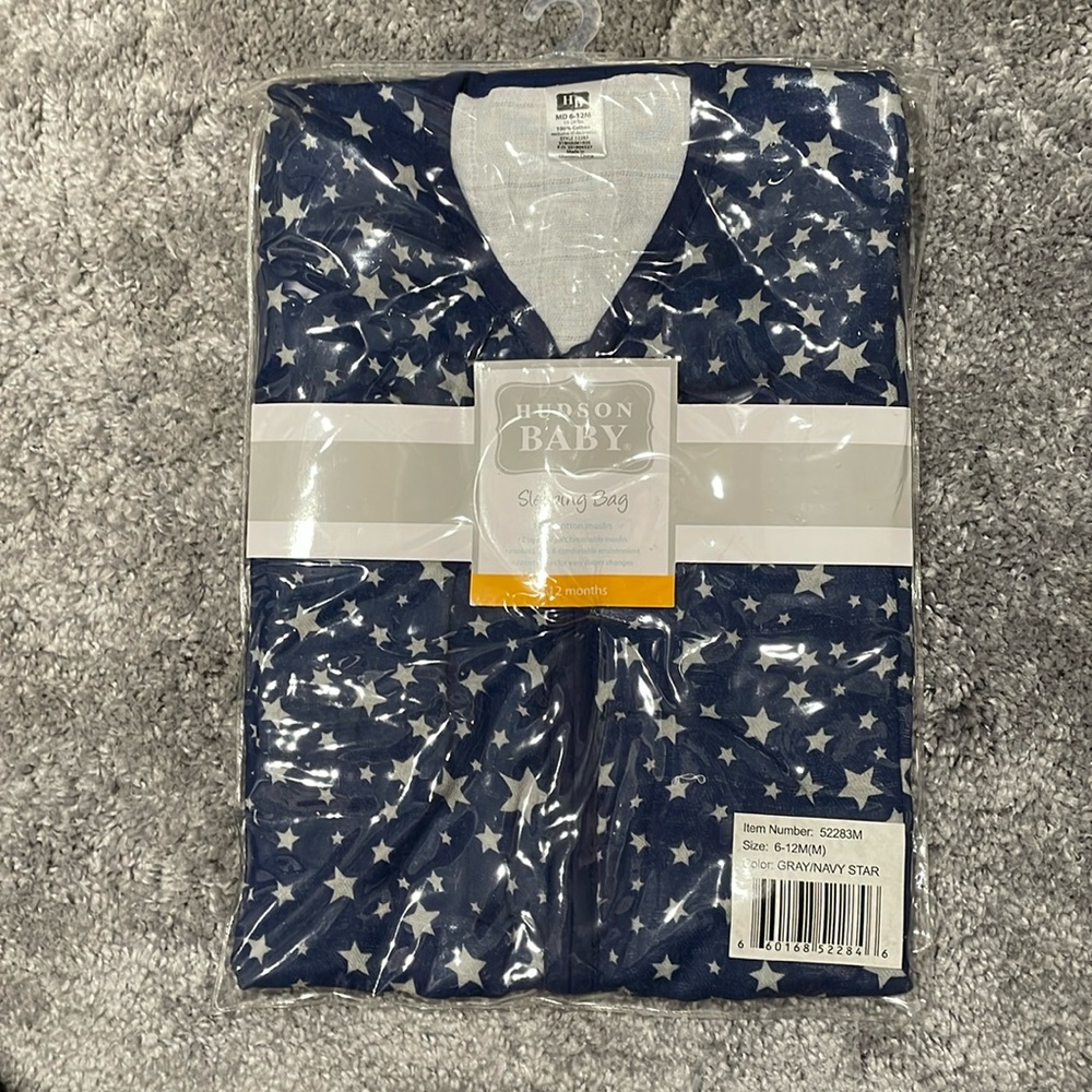 Hudson Baby sleeping bag, 6-12 months; 100%cotton; navy blue and silver stars.